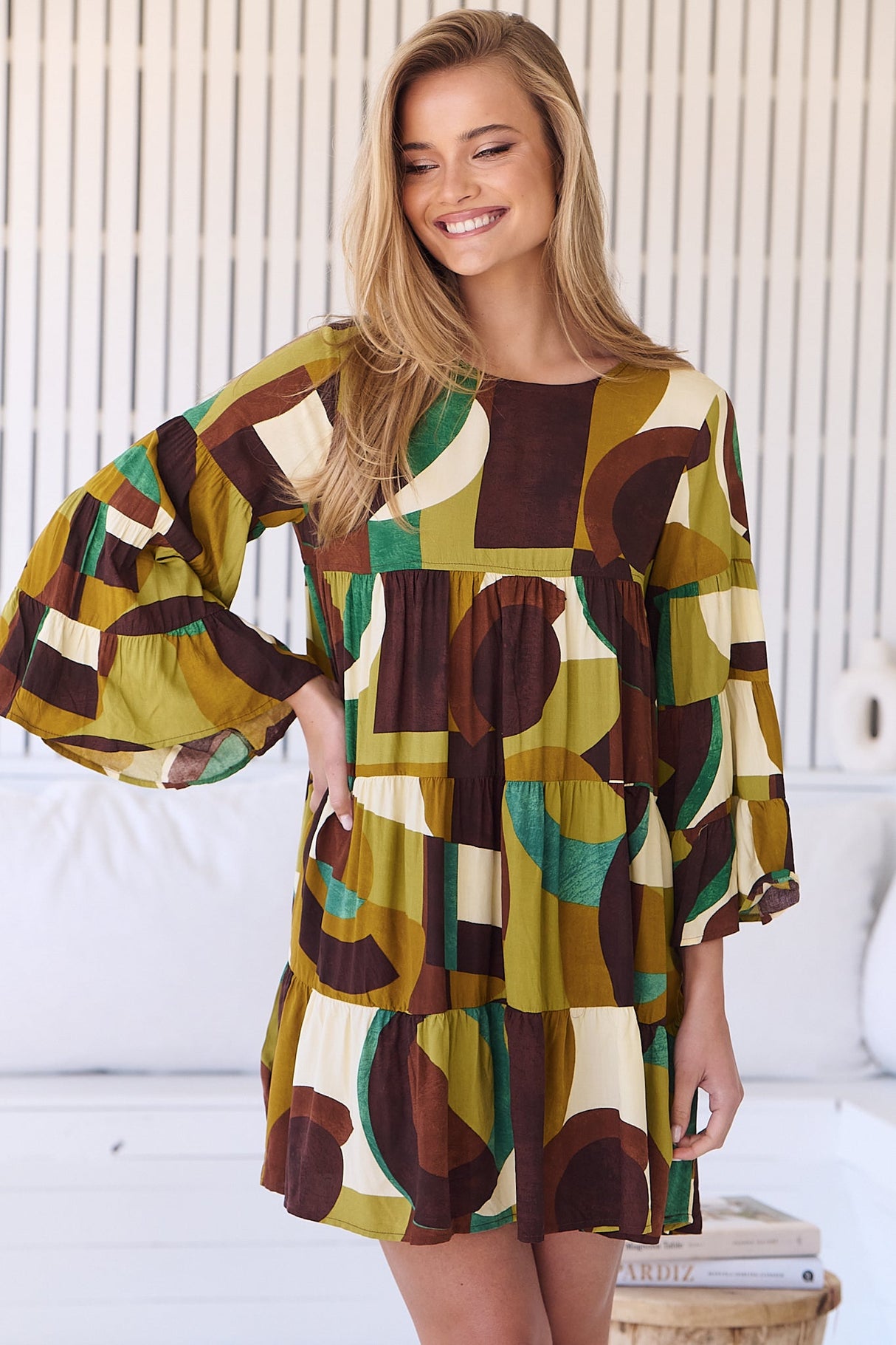 JAASE - Sander Mini Dress - Tiered Pull Over Dress with Tiered Bell Sleeves in Bardot Print
