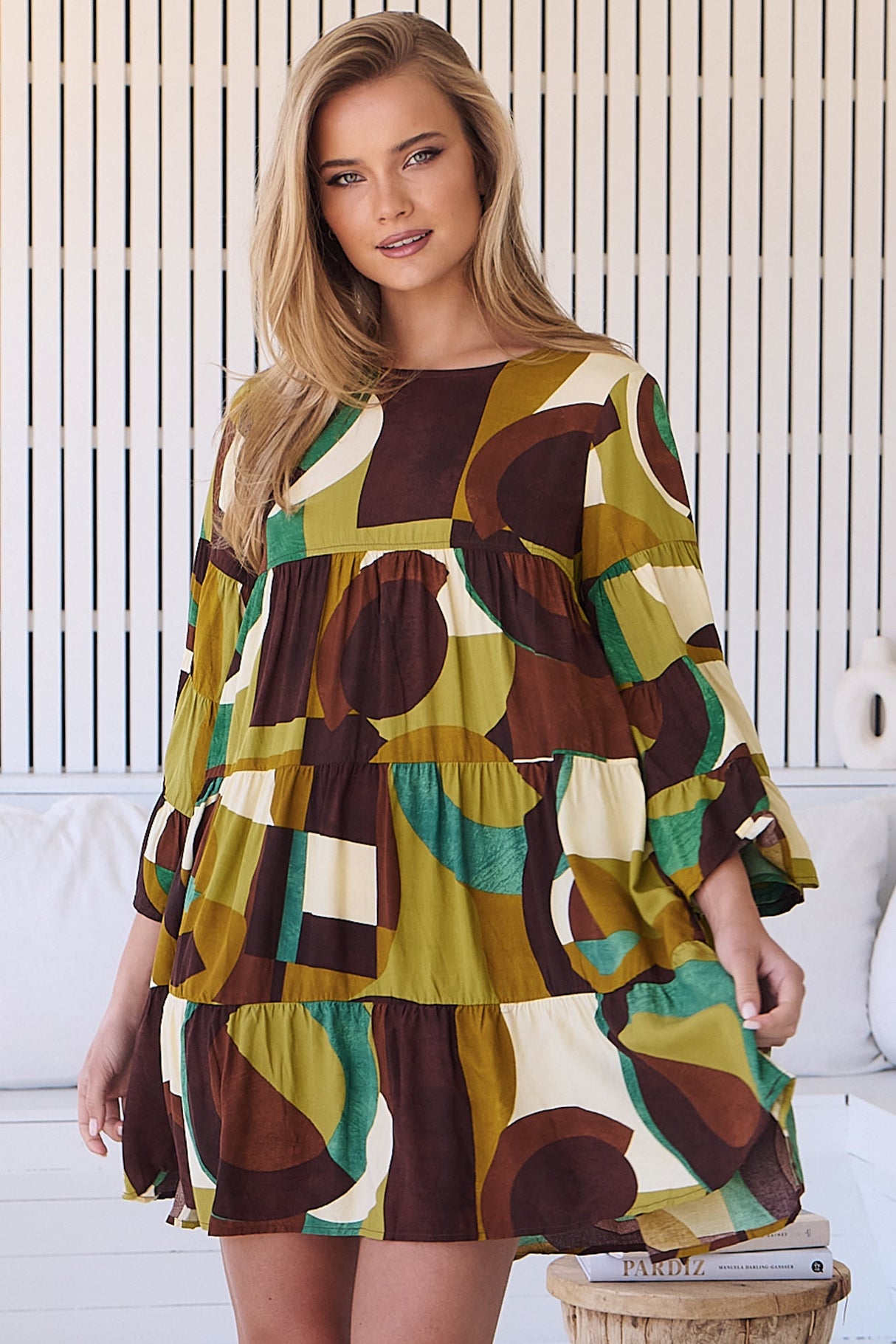 JAASE - Sander Mini Dress - Tiered Pull Over Dress with Tiered Bell Sleeves in Bardot Print