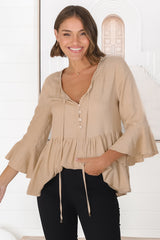 Sandy Top - Crochet Neckline Buttoned Bodice Flare Sleeve Smock Top in Cream