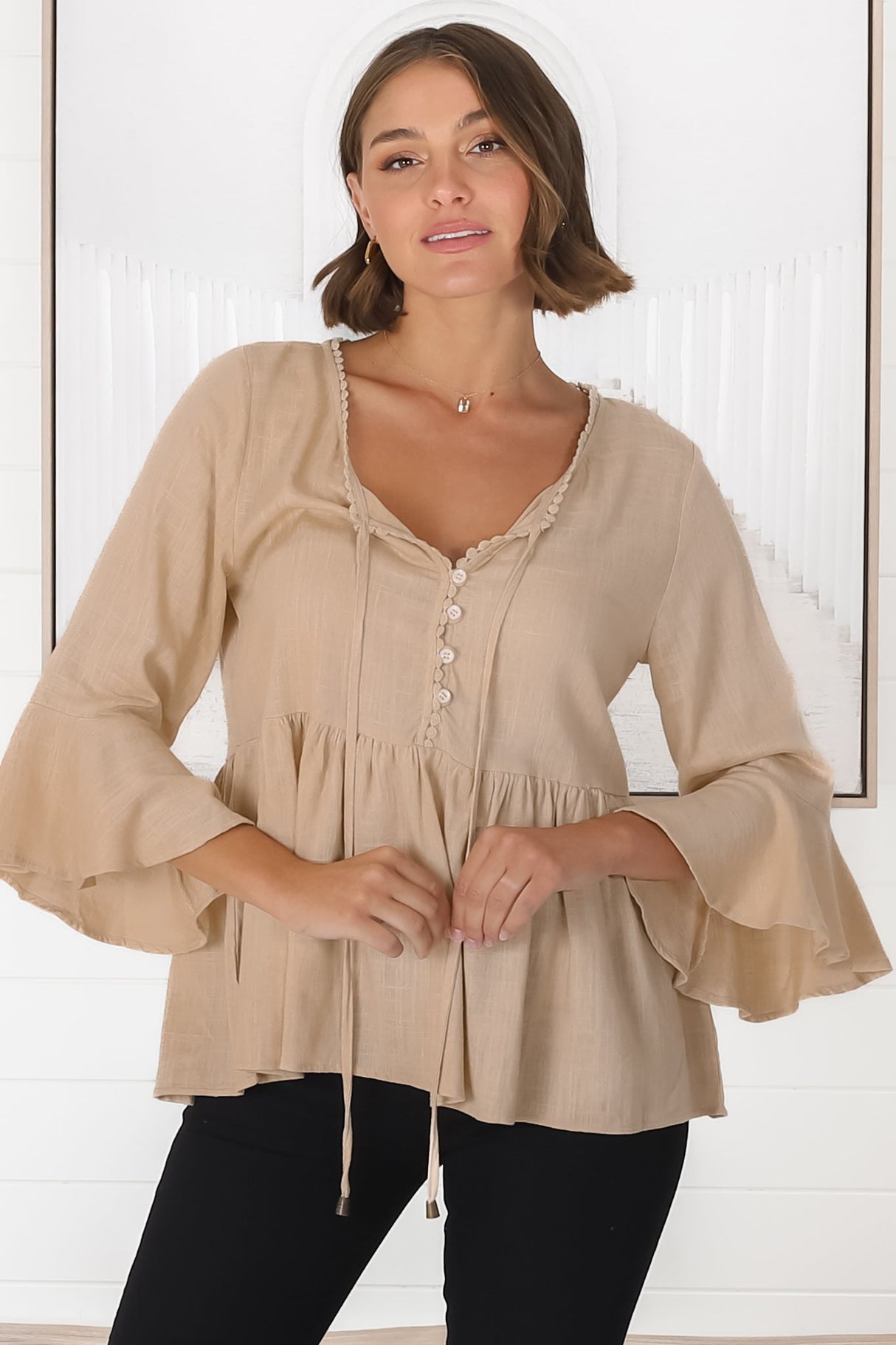 Sandy Top - Crochet Neckline Buttoned Bodice Flare Sleeve Smock Top in Cream