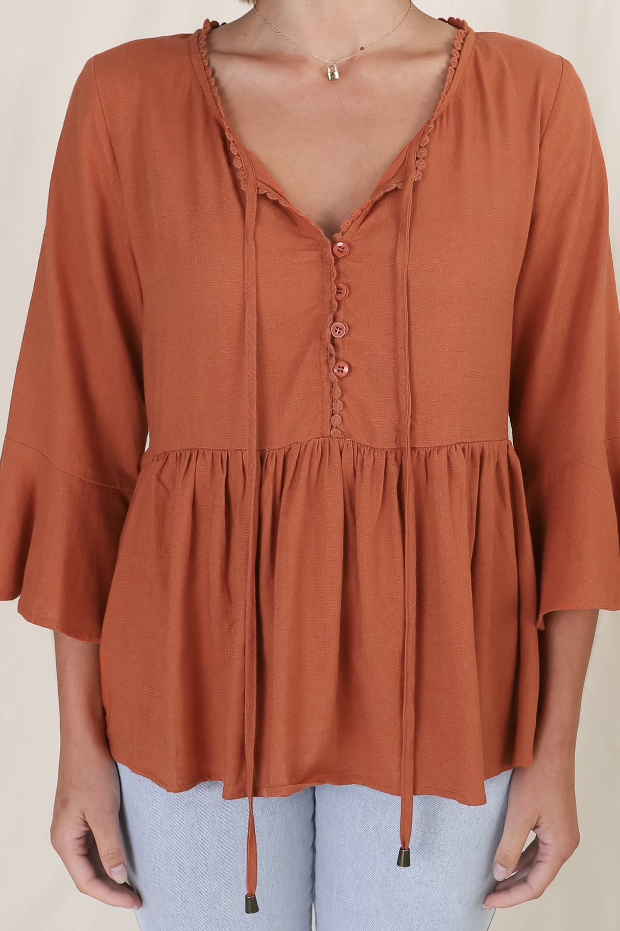 Sandy Top - Crochet Neckline Buttoned Bodice Flare Sleeve Smock Top in Tan