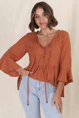 Sandy Top - Crochet Neckline Buttoned Bodice Flare Sleeve Smock Top in Tan