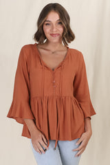 Sandy Top - Crochet Neckline Buttoned Bodice Flare Sleeve Smock Top in Tan