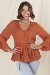 Sandy Top - Crochet Neckline Buttoned Bodice Flare Sleeve Smock Top in Tan