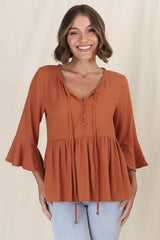 Sandy Top - Crochet Neckline Buttoned Bodice Flare Sleeve Smock Top in Tan