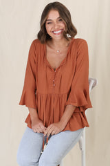 Sandy Top - Crochet Neckline Buttoned Bodice Flare Sleeve Smock Top in Tan