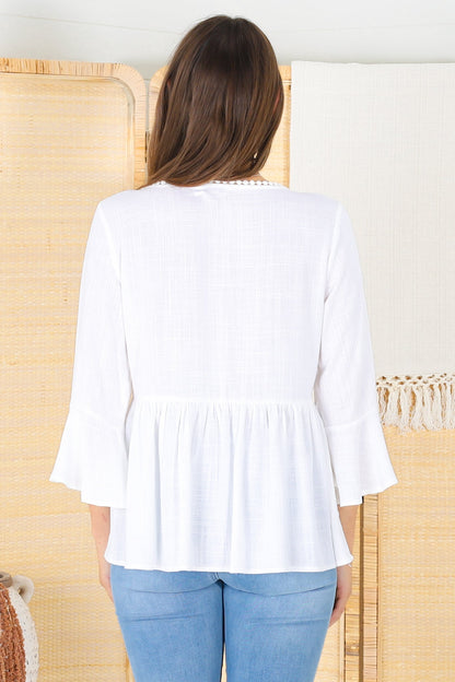 Sandy Top - Crochet Neckline Buttoned Bodice Flare Sleeve Smock Top in White