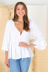 Sandy Top - Crochet Neckline Buttoned Bodice Flare Sleeve Smock Top in White