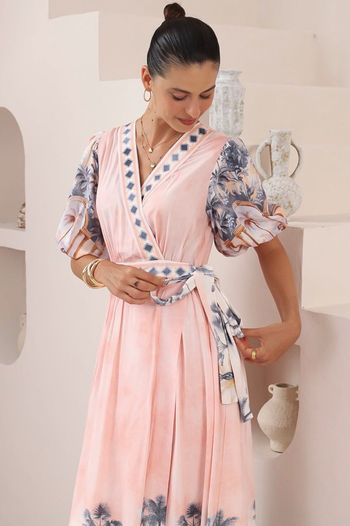 Sansa Midi Dress - V-Neck Wrap Dress with Short Balloon Sleeves in Armena Print
