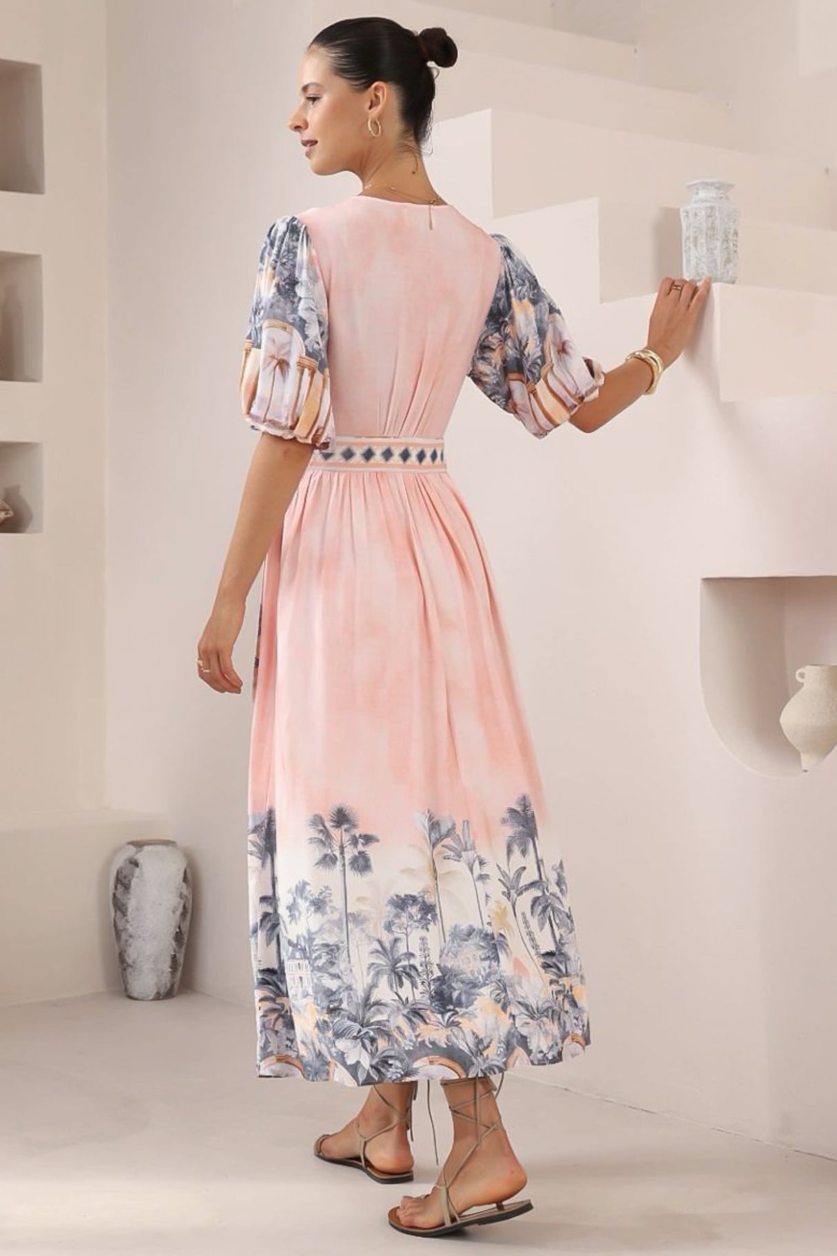 Sansa Midi Dress - V-Neck Wrap Dress with Short Balloon Sleeves in Armena Print
