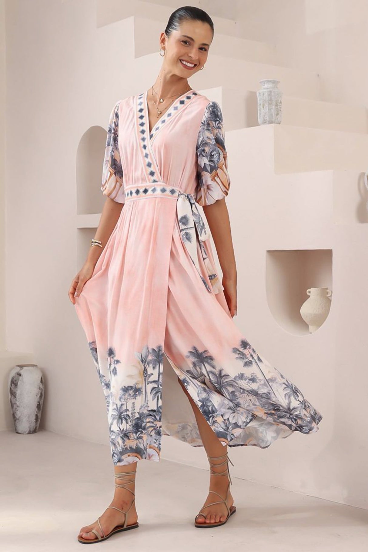 Sansa Midi Dress - V-Neck Wrap Dress with Short Balloon Sleeves in Armena Print