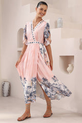 Sansa Midi Dress - V-Neck Wrap Dress with Short Balloon Sleeves in Armena Print