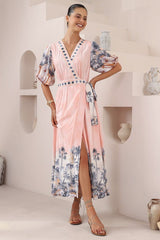 Sansa Midi Dress - V-Neck Wrap Dress with Short Balloon Sleeves in Armena Print