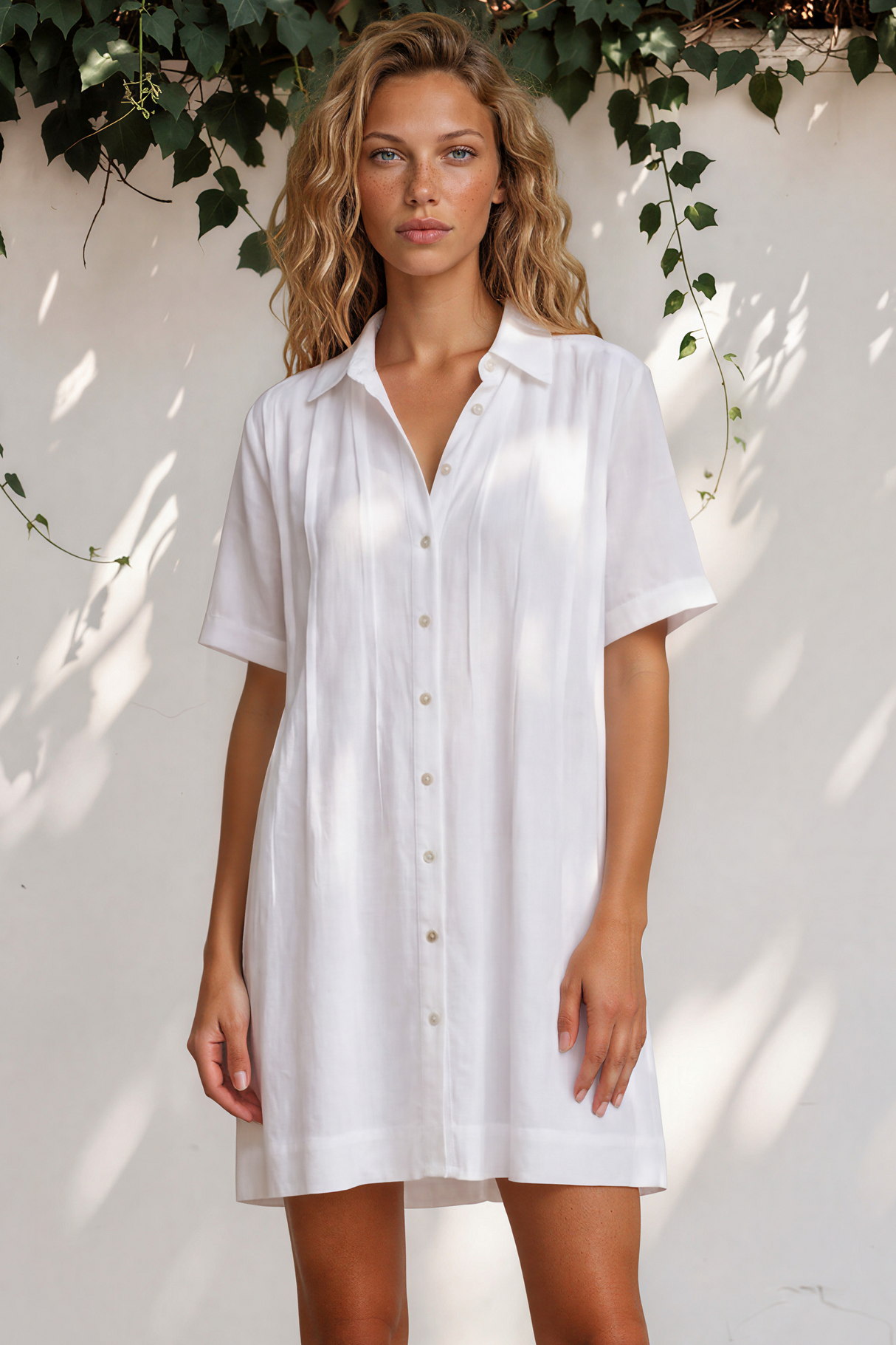Model wearing Santara Mini Dress in White from Salty Crush
