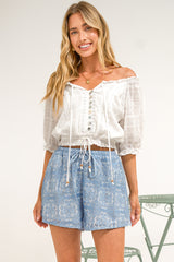 Santorini Shorts - Lace Overlay Elasticated Drawstring Waist Shorts in Blue Lace