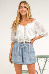 Santorini Shorts - Lace Overlay Elasticated Drawstring Waist Shorts in Blue Lace