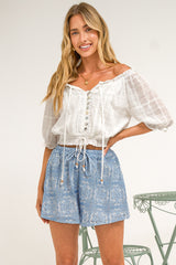 Santorini Shorts - Lace Overlay Elasticated Drawstring Waist Shorts in Blue Lace