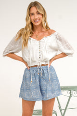 Santorini Shorts - Lace Overlay Elasticated Drawstring Waist Shorts in Blue Lace