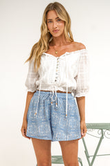 Santorini Shorts - Lace Overlay Elasticated Drawstring Waist Shorts in Blue Lace