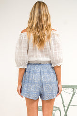 Santorini Shorts - Lace Overlay Elasticated Drawstring Waist Shorts in Blue Lace