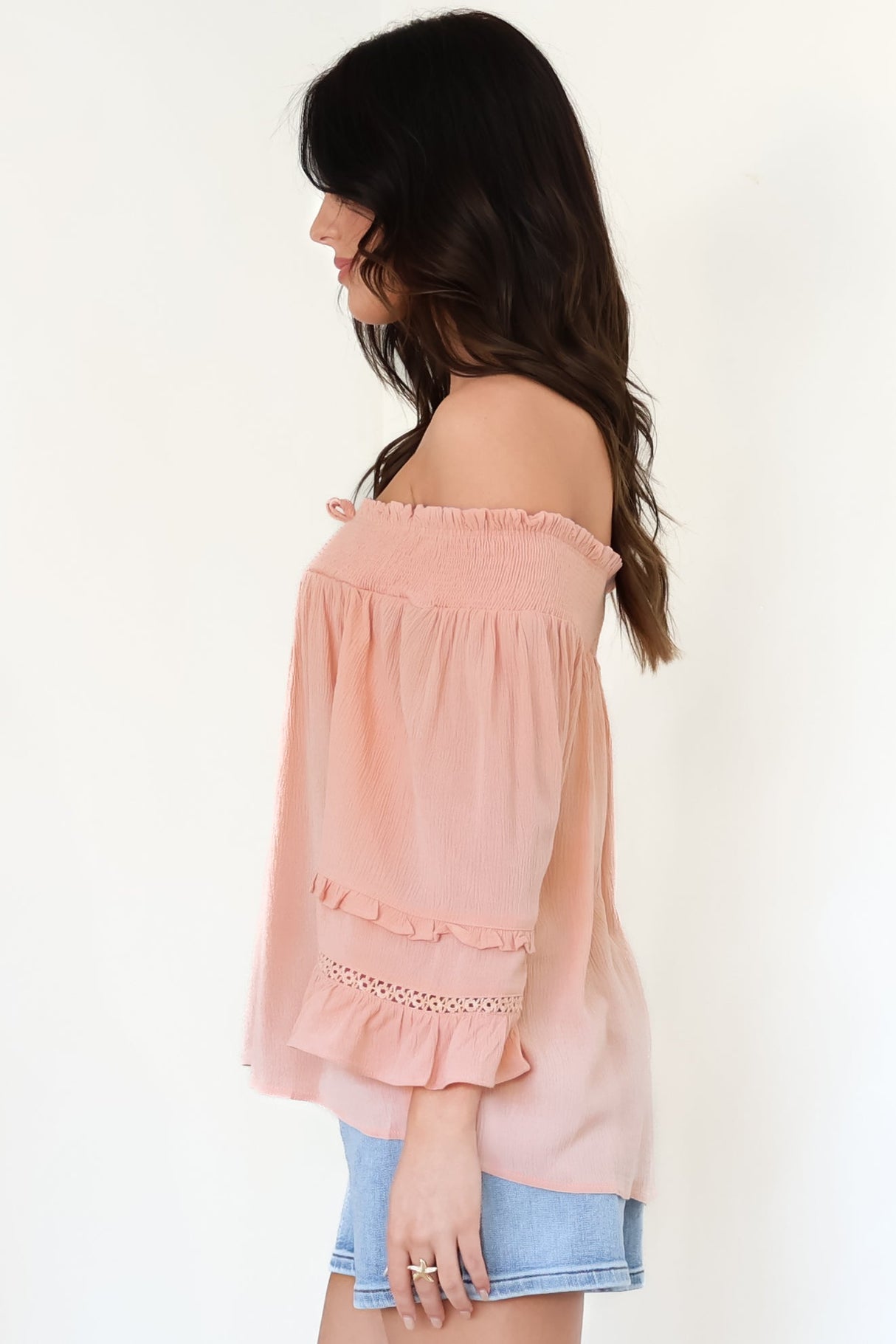 Sarah Top - Off Shoulder Ruffled Sleeve Top in Blush