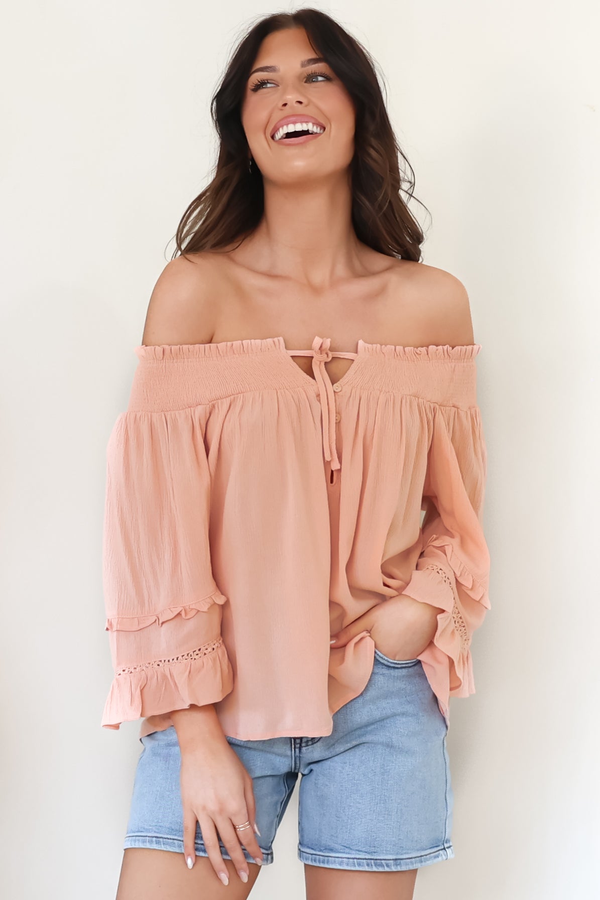 Sarah Top - Off Shoulder Ruffled Sleeve Top in Blush