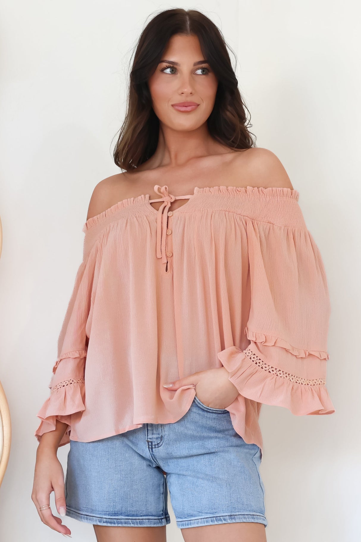 Sarah Top - Off Shoulder Ruffled Sleeve Top in Blush