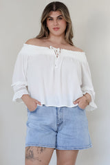 Sarah Top - Off Shoulder Ruffled Sleeve Top in White