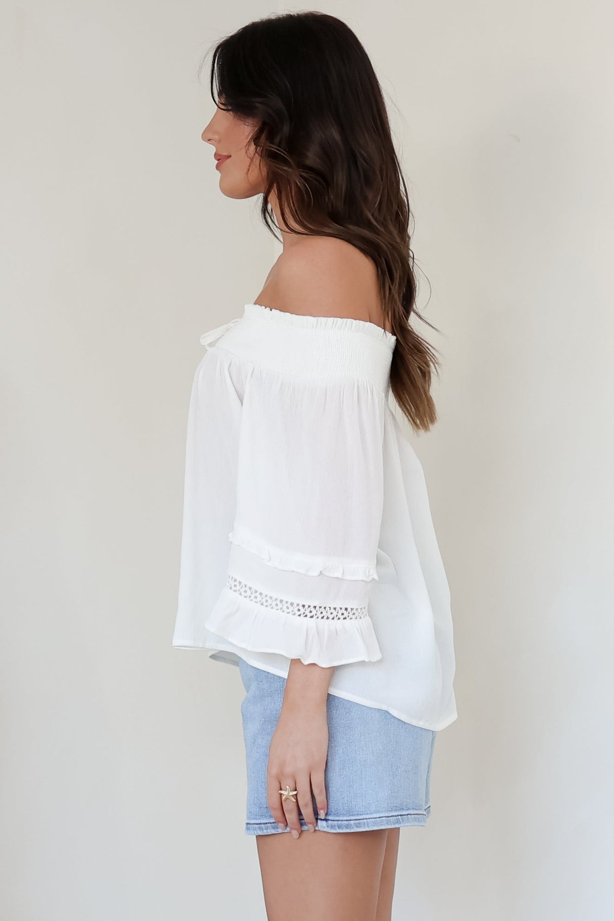 Sarah Top - Off Shoulder Ruffled Sleeve Top in White