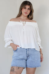 Sarah Top - Off Shoulder Ruffled Sleeve Top in White