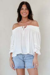Sarah Top - Off Shoulder Ruffled Sleeve Top in White