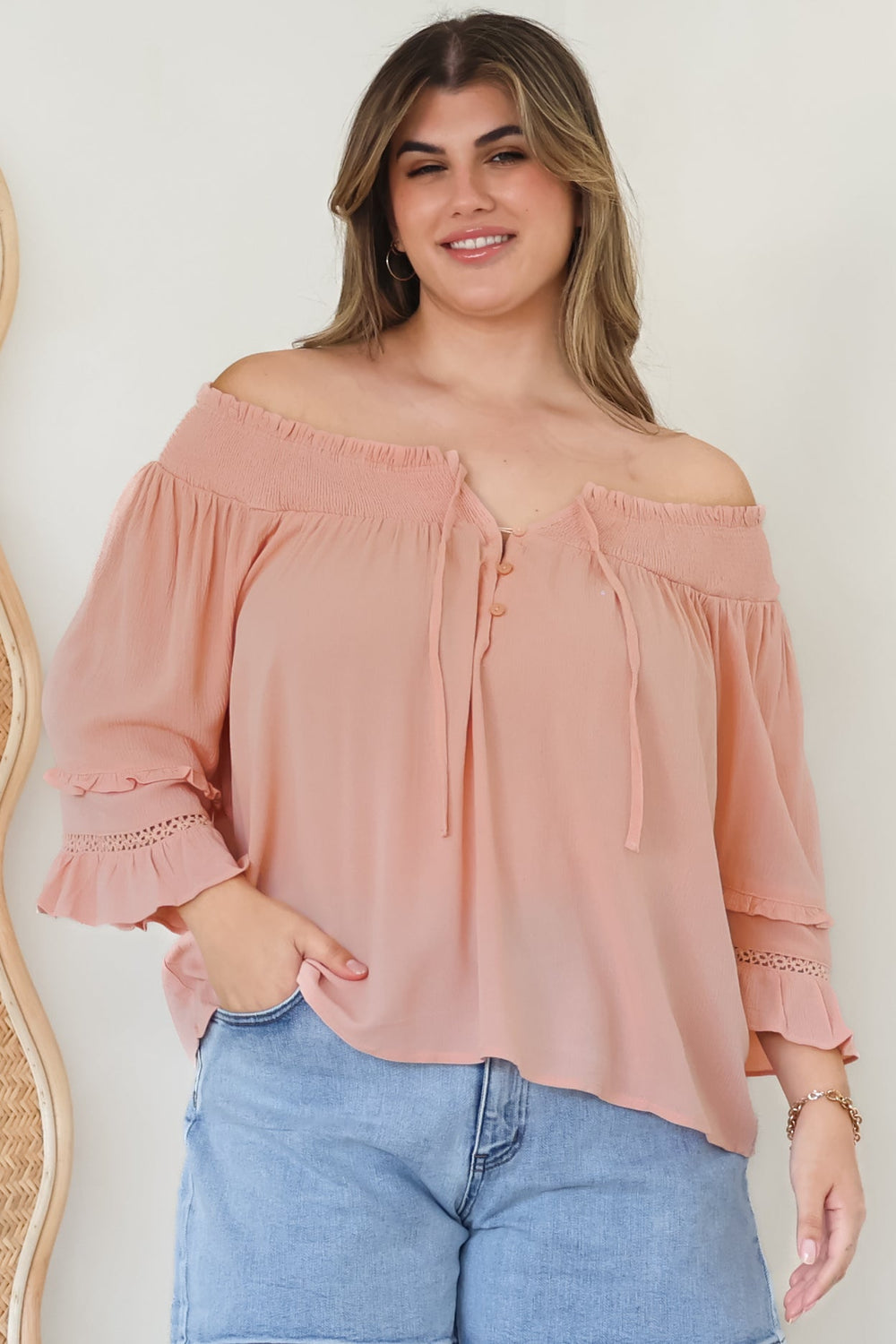Sarah Top - Off Shoulder Ruffled Sleeve Top in Blush