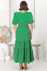 Sarelle Midi Dress - V Neck A Line Pleated Waistline Tiered Dress in Green