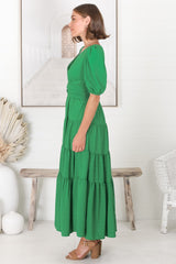 Sarelle Midi Dress - V Neck A Line Pleated Waistline Tiered Dress in Green