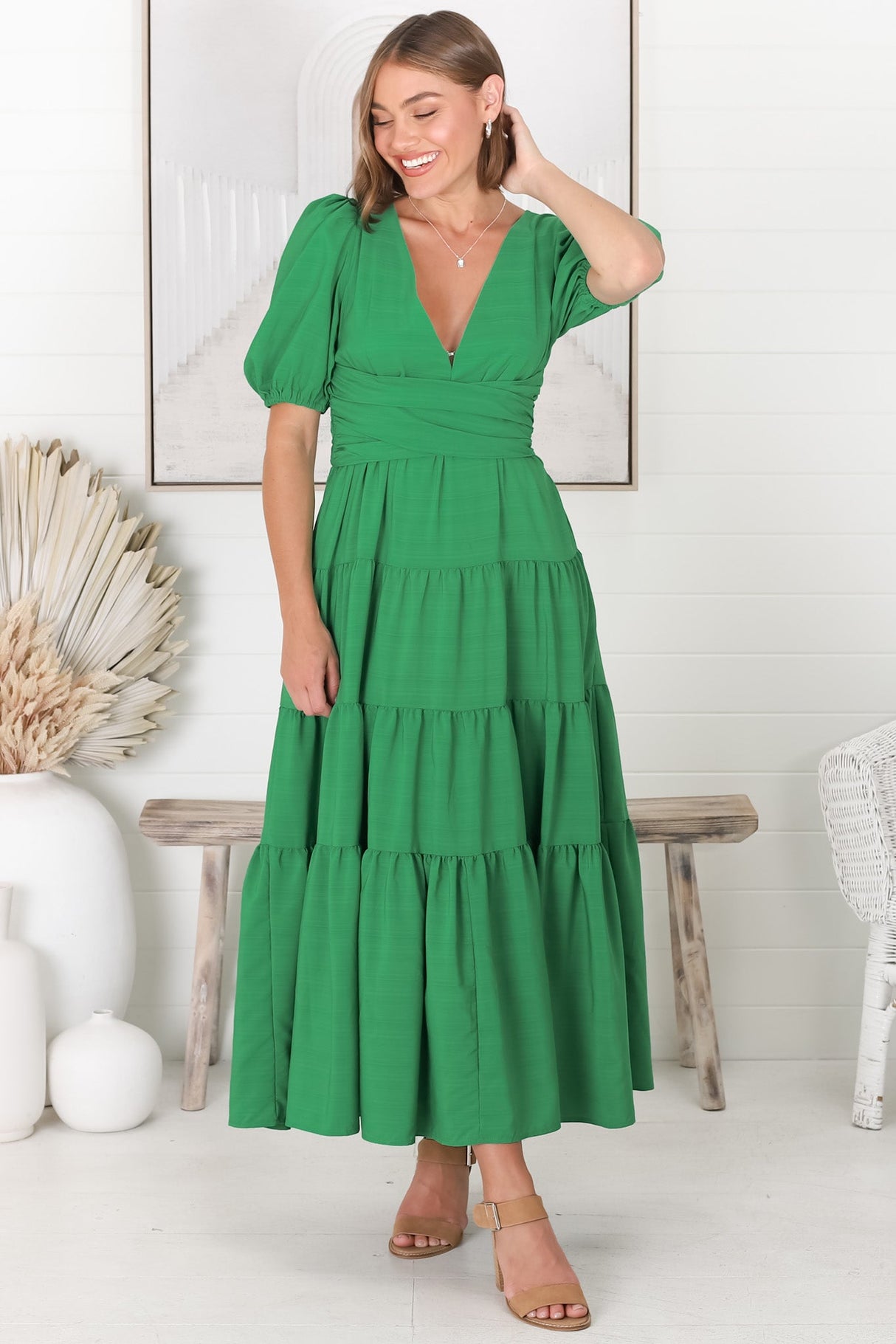 Sarelle Midi Dress - V Neck A Line Pleated Waistline Tiered Dress in Green