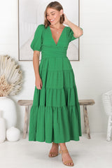 Sarelle Midi Dress - V Neck A Line Pleated Waistline Tiered Dress in Green