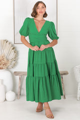 Sarelle Midi Dress - V Neck A Line Pleated Waistline Tiered Dress in Green