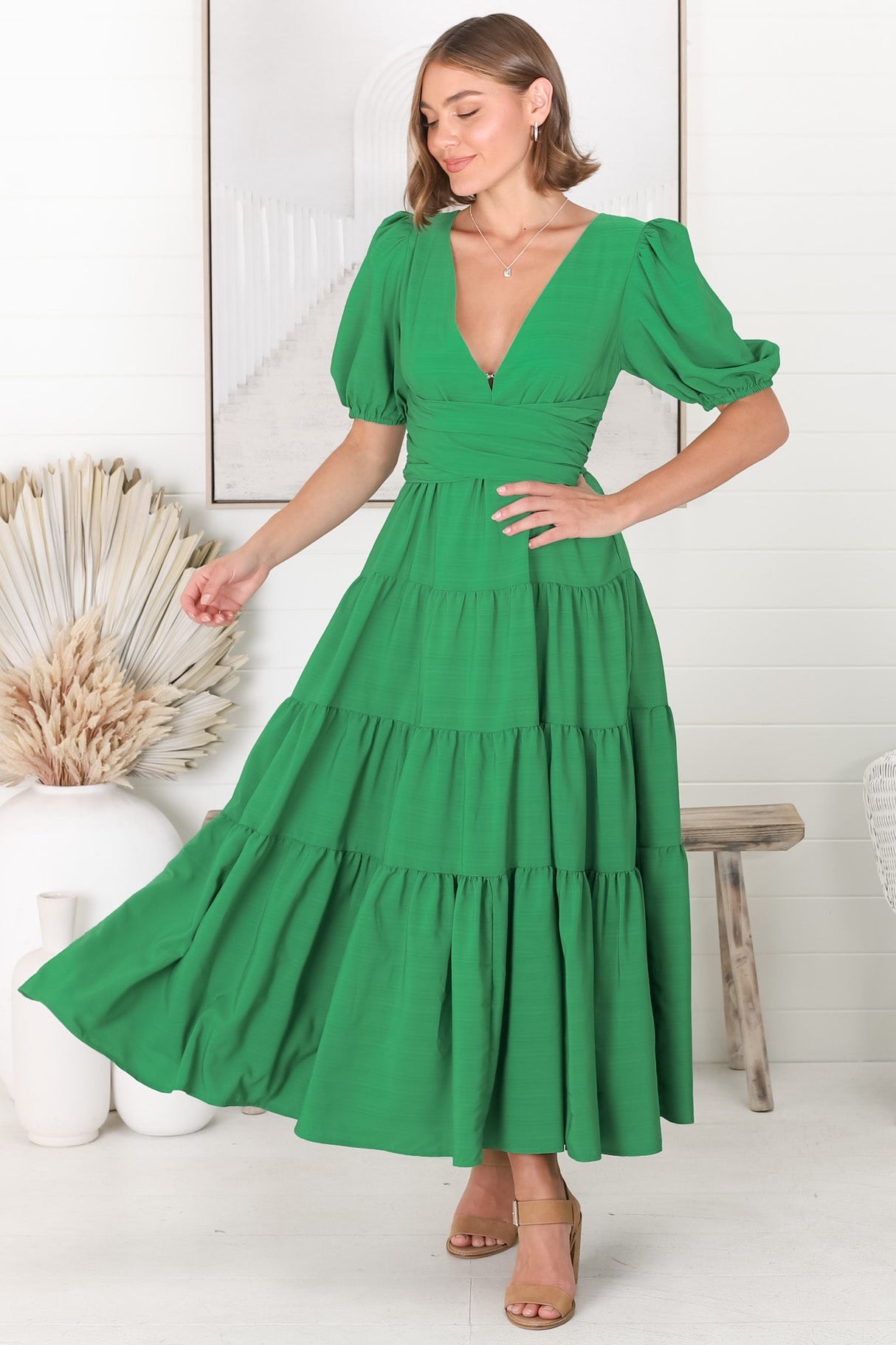 Sarelle Midi Dress - V Neck A Line Pleated Waistline Tiered Dress in Green