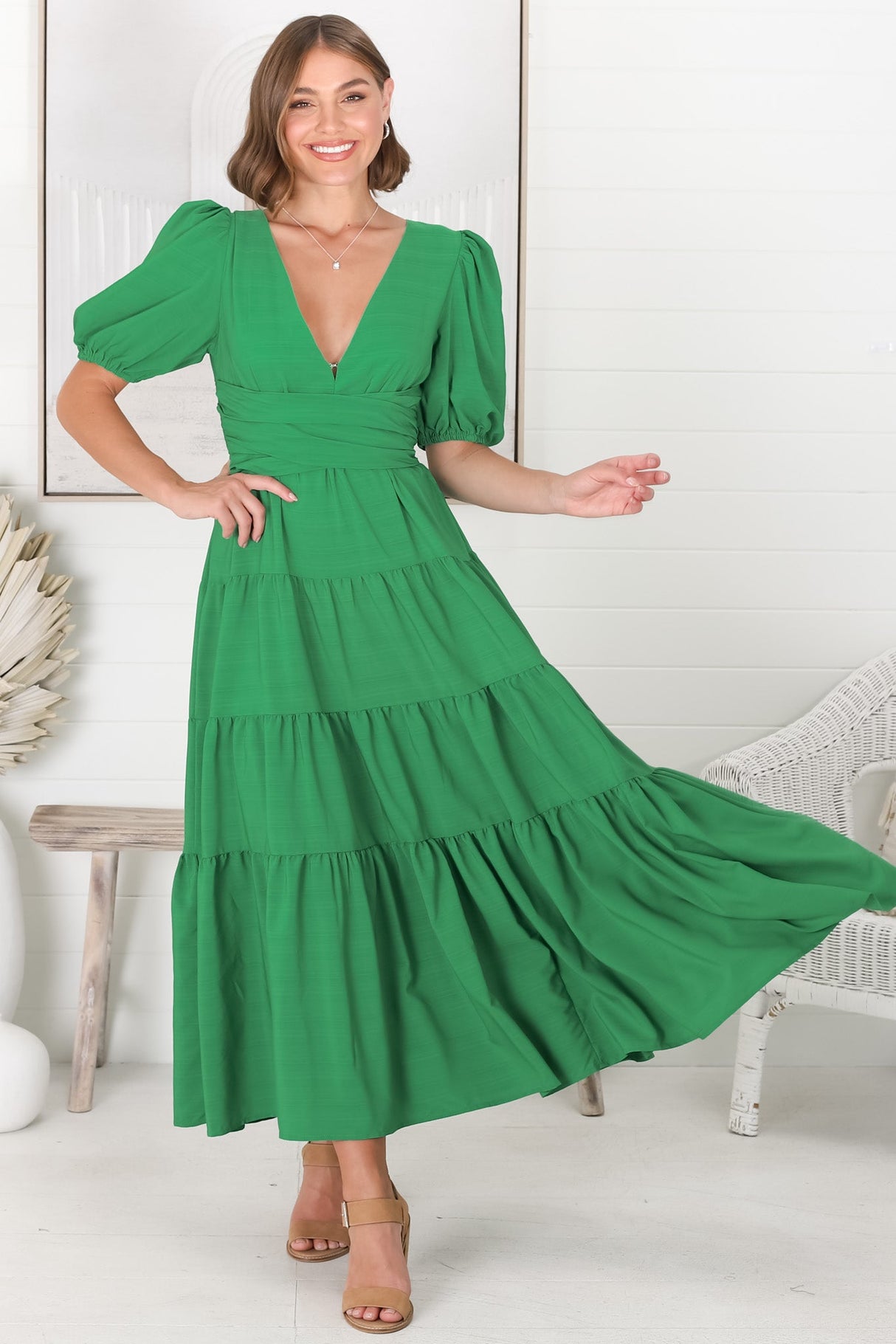 Sarelle Midi Dress - V Neck A Line Pleated Waistline Tiered Dress in Green