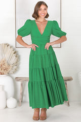 Sarelle Midi Dress - V Neck A Line Pleated Waistline Tiered Dress in Green