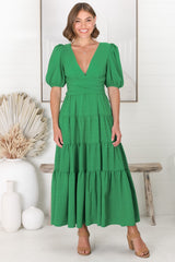 Sarelle Midi Dress - V Neck A Line Pleated Waistline Tiered Dress in Green