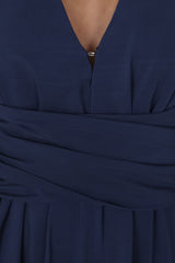 Sarelle Midi Dress - V Neck A Line Pleated Waistline Tiered Dress in Navy