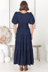 Sarelle Midi Dress - V Neck A Line Pleated Waistline Tiered Dress in Navy