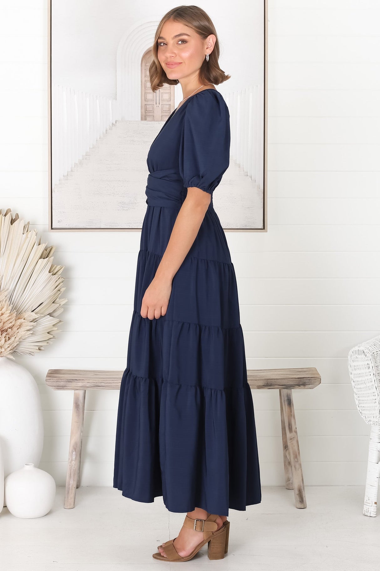 Sarelle Midi Dress - V Neck A Line Pleated Waistline Tiered Dress in Navy