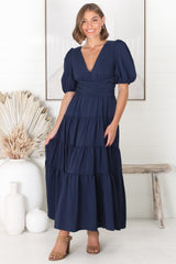 Sarelle Midi Dress - V Neck A Line Pleated Waistline Tiered Dress in Navy