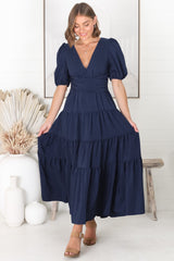 Sarelle Midi Dress - V Neck A Line Pleated Waistline Tiered Dress in Navy