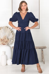 Sarelle Midi Dress - V Neck A Line Pleated Waistline Tiered Dress in Navy