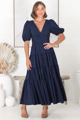 Sarelle Midi Dress - V Neck A Line Pleated Waistline Tiered Dress in Navy