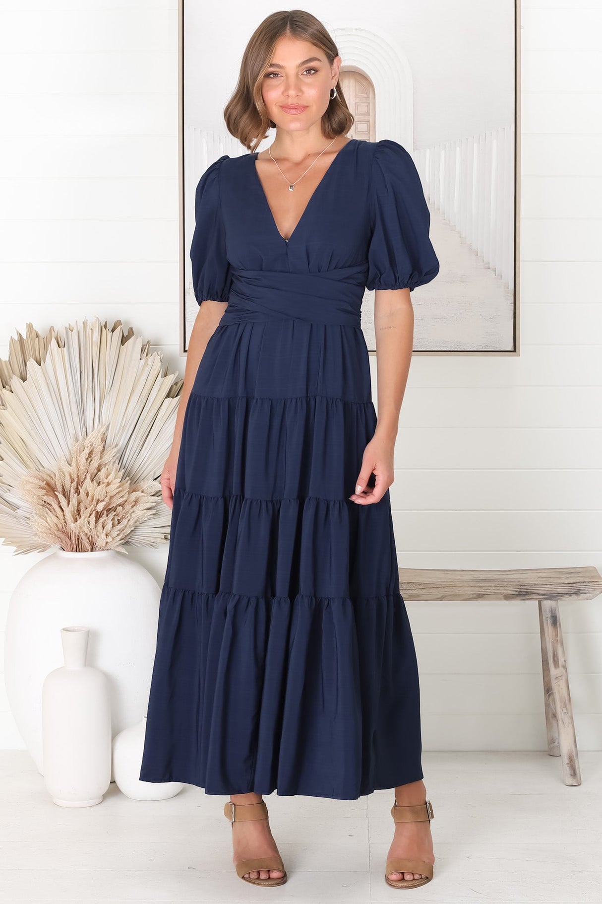 Sarelle Midi Dress - V Neck A Line Pleated Waistline Tiered Dress in Navy