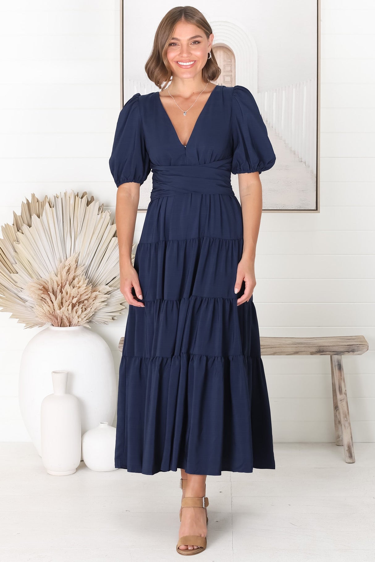 Sarelle Midi Dress - V Neck A Line Pleated Waistline Tiered Dress in Navy